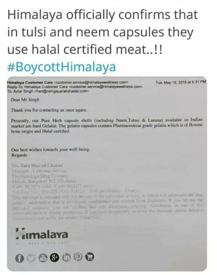 HK51791950's tweet photo. Boycott himalayan ,hamdard for halal cert. Products✅

Against....
#BoycottPatanjali https://t.co/VgRApU5InM