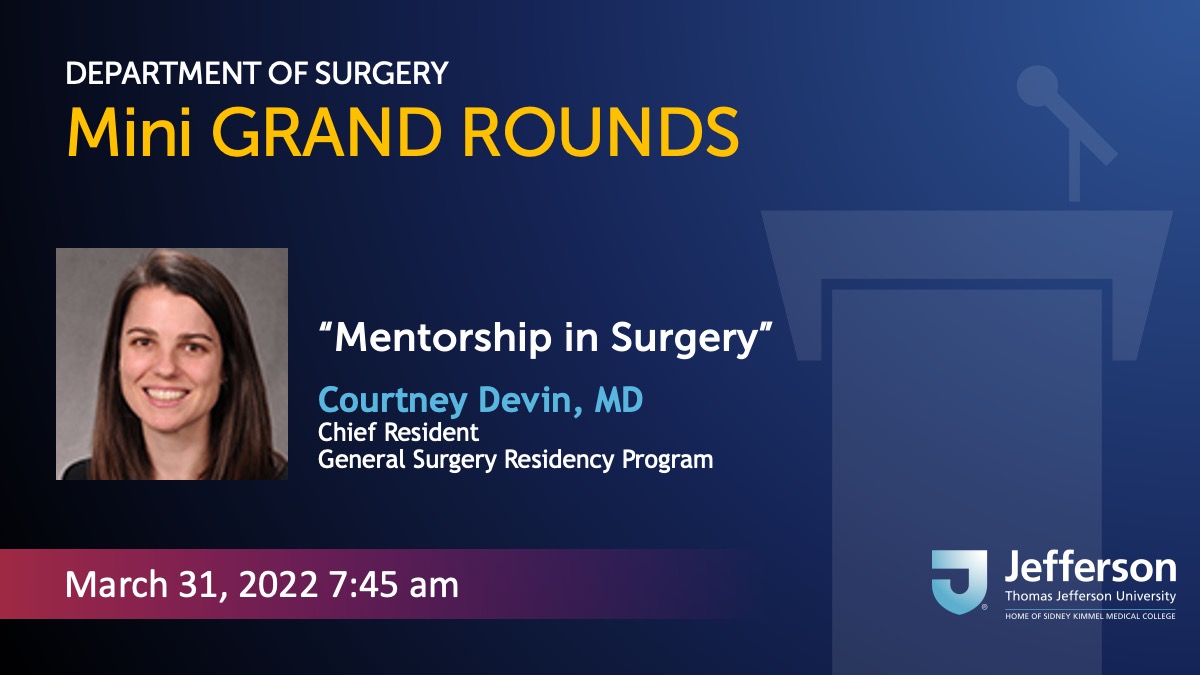 Jefferson Surgery (@jeffsurgery) on Twitter photo Tomorrow morning Dr. <a href="/courtneyldevin/">Courtney Devin</a> will kick off our series of mini #GrandRound presentations by our chief residents.
Faculty & house staff will receive the link via email - we will tweet a link to the recording Tomorrow morning Dr. <a href="/courtneyldevin/">Courtney Devin</a> will kick off our series of mini #GrandRound presentations by our chief residents.
Faculty & house staff will receive the link via email - we will tweet a link to the recording