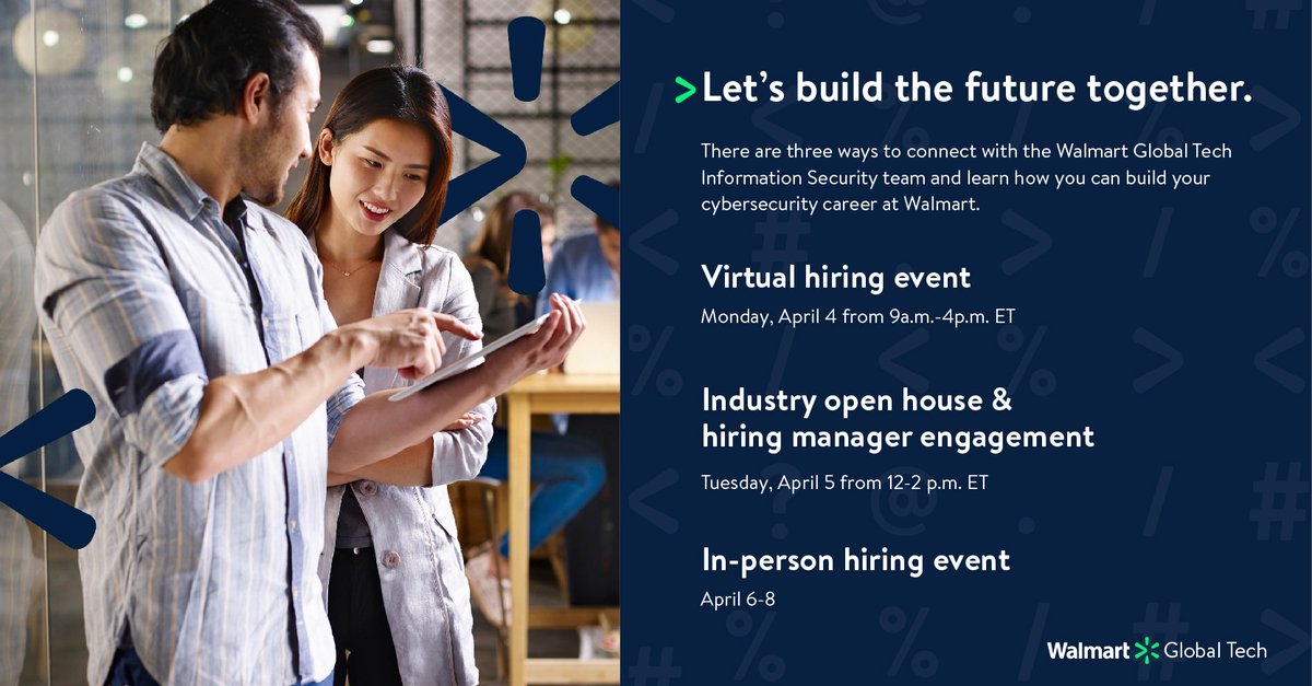 During the week of April 4, there are THREE ways to learn more about career opportunities with our InfoSec team. Virtual hiring event (app.brazenconnect.com/events/j3voB?u…), Reston, VA open house (web.cvent.com/event/b66c986d…) and in-person interviews at our Reston office. #WalmartInfoSecLife