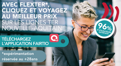 TERNouvelleAQ's tweet photo. 📲Vous avez + de 28 ans ?
Rejoignez l'expérimentation #FlexTER et voyagez 🚂 au meilleur prix sur l'ensemble des lignes TER #NouvelleAquitaine ! 🤩
C'est simple, économique, flexible et digital ! https://t.co/1HXN4MbcRw