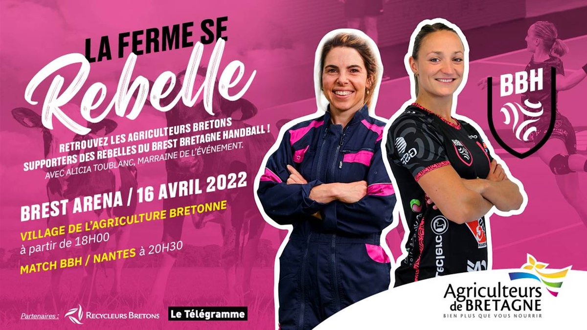 🤾‍♀️La ferme se rebelle à Brest Arena le samedi 16 avril ! Agriculteurs de Bretagne organise un événement à l'occasion du match <a href="/BBH_Officiel/">BBH officiel</a> / <a href="/NeptunesNantes/">Neptunes de Nantes</a> avec le soutien de Le Saint et de nos partenaires Les Recycleurs Bretons et <a href="/LeTelegramme/">Le Télégramme</a> !