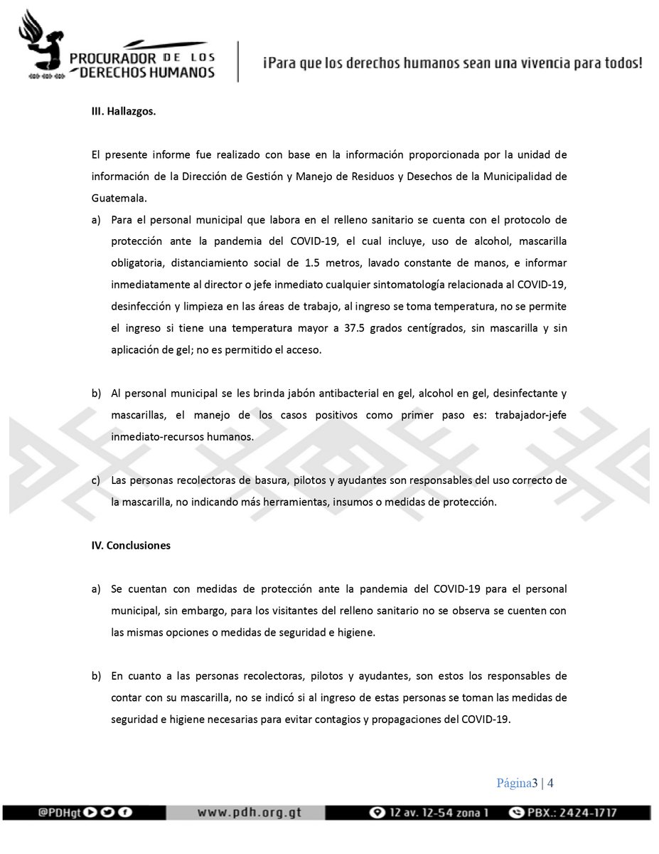 PDHgt's tweet photo. #HallazgosPDH #ConclusionesPDH y #RecomendacionesPDH de verificación en la @muniguate de las medidas de protección a favor de la personas trabajadoras del relleno sanitario de la zona 3, ubicado en la ciudad capital de Guatemala
https://t.co/LlStJcULfY https://t.co/sU42yDDCOY