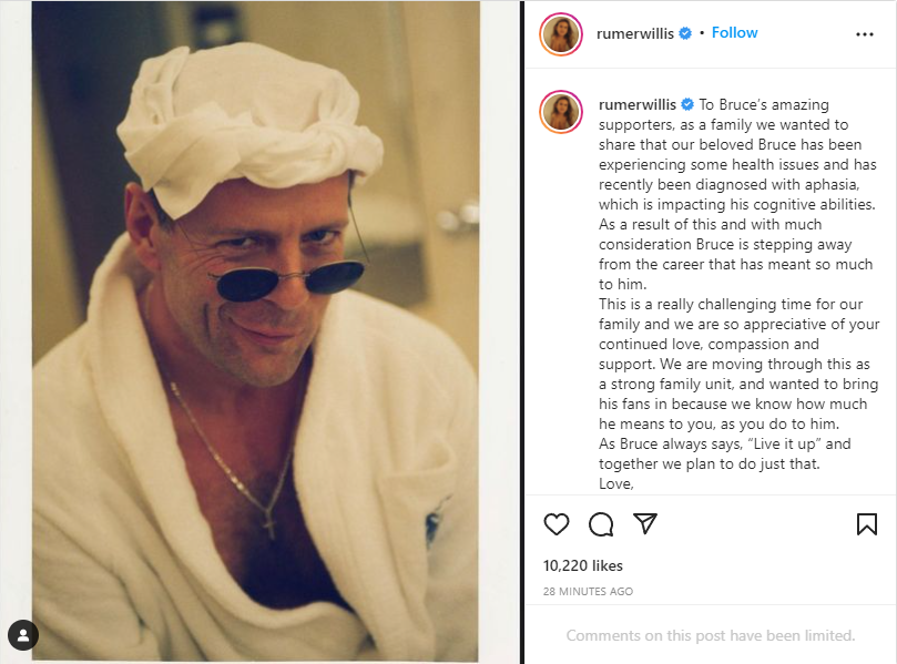 BNONews's tweet image. Actor Bruce Willis retires after being diagnosed with aphasia, a type of brain damage which makes it difficult to communicate