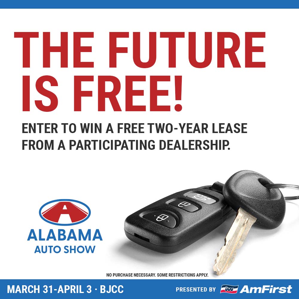 ALAutoShow's tweet photo. TOMORROW is your first chance to enter to win a free two-year lease on a vehicle from a local dealer at the 2022 #AlabamaAutoShow. We're also giving away toy cars for the kiddos. 😉 Stop by the BJCC for full rules and to get your entry in. https://t.co/wc3WBBtauv