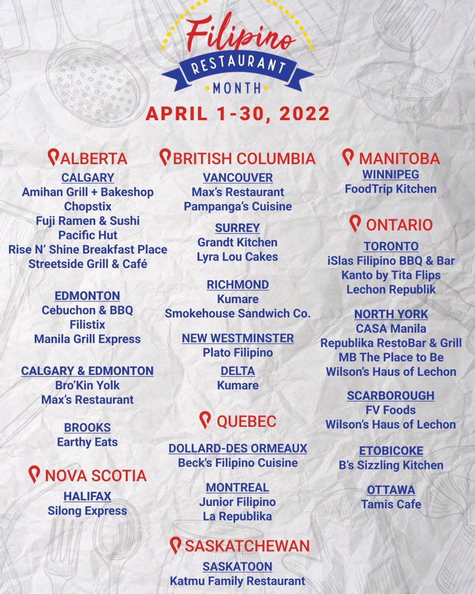 Here are the 40 restaurants throughout Canada participating in Canada's Filipino Restaurant Month this April. Wherever you are, make sure that you visit these restaurants!

For more info: FB @FilipinoRestaurantMonthCA