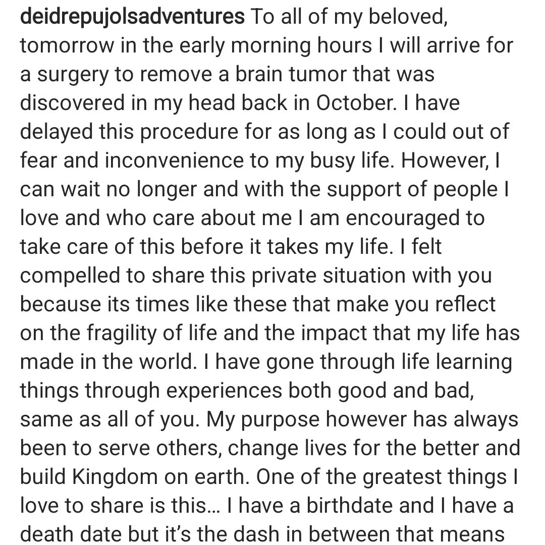 hgomez27's tweet image. Our prayers with Deidre, Albert Pujols's wife, who will undergo surgery to remove a brain tumor.