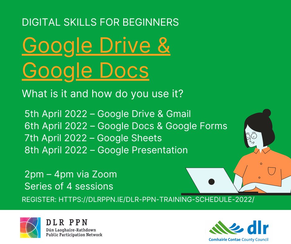 AgeFriendlydlr's tweet photo. Digital skills for beginners! The @DLRPPN are providing yet more basic training - this time the topic is Google Drive & Google Docs😁💻
Starting Tues 5th April (a course of 4 lessons on consecutive days)
Find out more & book your place at: https://t.co/kiNOLgP3np
#dlrCommunity https://t.co/0F49cWQNrz