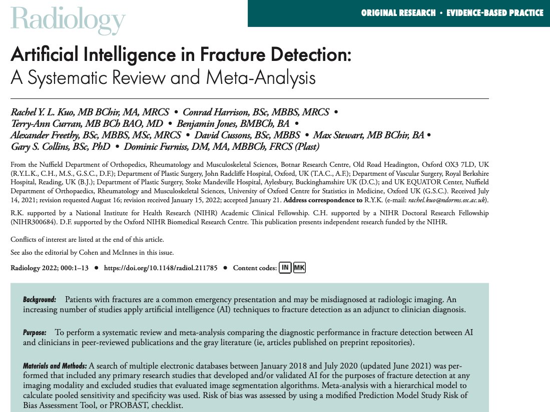 NEW PAPER in <a href="/radiology_rsna/">Radiology</a> (led by <a href="/RachelYLKuo/">Rachel Kuo</a>) looking at the diagnostic performance in fracture detection of #artificialintelligence and clinicians

--&gt; tinyurl.com/4y4ffnnp

with editorial by @epi_rad

--&gt; tinyurl.com/3hcfh6a5

#ml4h #statstwitter #mltwitter