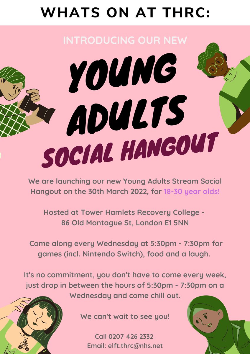We are launching our new Young Adults Stream Social Hangout on the 30th March 2022, for 18-30 year olds!
Hosted at Tower Hamlets Recovery College - 
86 Old Montague St, London E1 5NN
 Come along every Wednesday at 5:30pm-7:30pm for games (incl. Nintendo Switch), food and a laugh