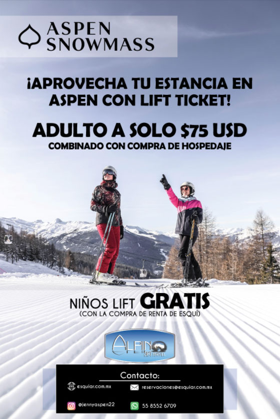 boletinmx's tweet photo. ¡Aprovecha tu estancia en @AspenSnowmass con lift ticket! ⛷

-Adulto a solo $75 USD (combinado con compra de hospedaje)
-Niños lift gratis (con la compra de renta de esquí)

Más información en:
👉 https://t.co/Uj3o6Q058k https://t.co/BSesDKp34s