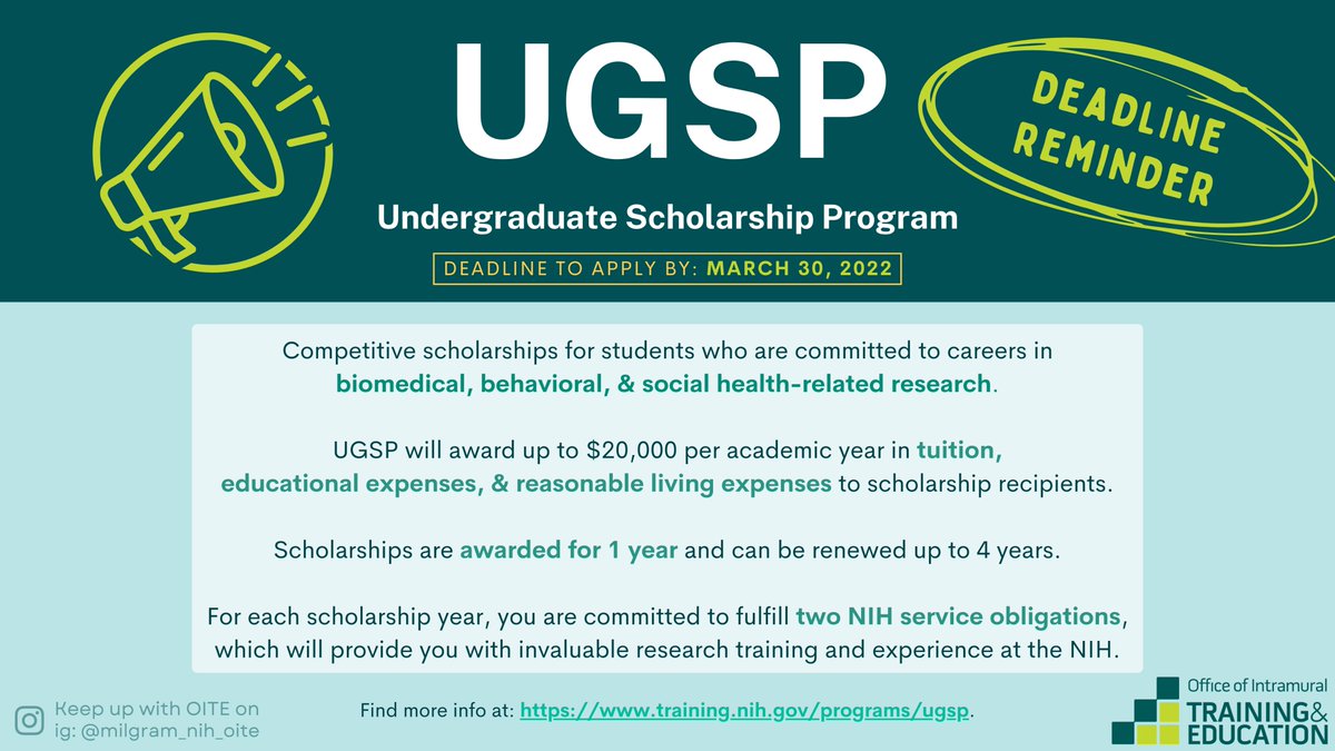 NIH_OITE's tweet photo. Today is the last day to finish your #UGSP applications – Good luck to those of you that have applied or intend to do so!

#ApplicationDeadline #Deadline #Undergraduate #Research #Scholarship #AcademicTwitter https://t.co/Dy4aeglytq