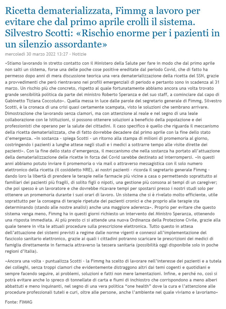 fimmgnotizie's tweet photo. Ricetta dematerializzata, Fimmg a lavoro per evitare che dal primo aprile crolli il sistema. Silvestro Scotti: «Rischio enorme per i pazienti in un silenzio assordante»  - Questa la prima news su FimmgNotizie di oggi. Clicca qui per l'edizione integrale https://t.co/QaYkbQag2u https://t.co/mbnioLychA