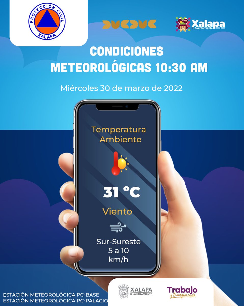 pc_xal's tweet photo. #AvisoPreventivo Temperaturas muy cálidas ☀️🥵☀️ se reportan en las estaciones climatológicas ubicadas en Palacio Municipal y la Base de Protección Civil Municipal. 📢 Atienda las recomendaciones de Protección Civil Municipal. https://t.co/jO5d7px82K