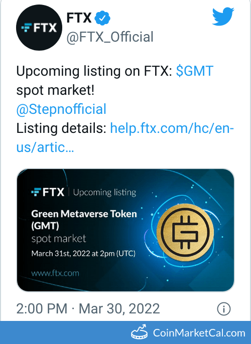 cmcal_bot's tweet photo. 🆕 New STEPN $GMT event! 
 
31 March 2022 
FTX Listing  
 
Source: https://t.co/xnzyioBY2z https://t.co/Z2LgcuhUtC