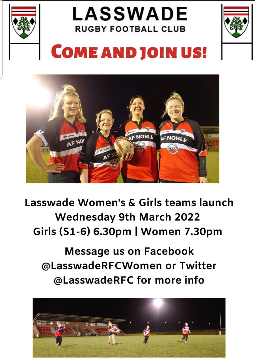 LasswadeRFC's tweet photo. It's Girls and Women night tonight.
Come along and join in the fun.
No experience required.
#EveryonesGame https://t.co/9EZHOshCEk