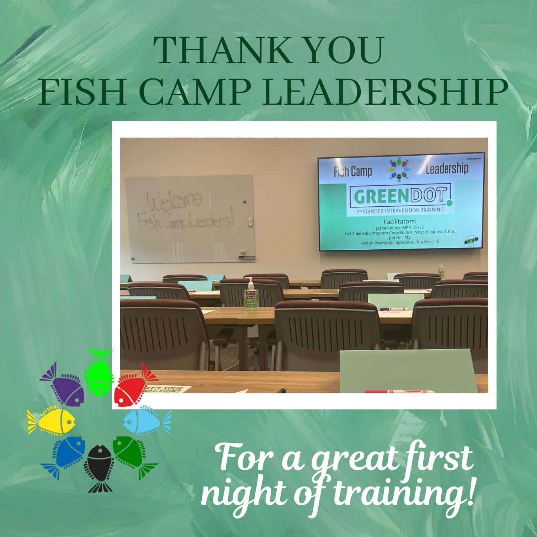 TAMUGreenDot's tweet photo. @FishCampTAMU chairs and directors are hard at work this week with 3 back to back nights of Green Dot Trainings to get all leaders #GreenDotTrained. Thank you for a wonderful first night and for your dedication to making Aggieland safer! https://t.co/GtGgA4qCm2
