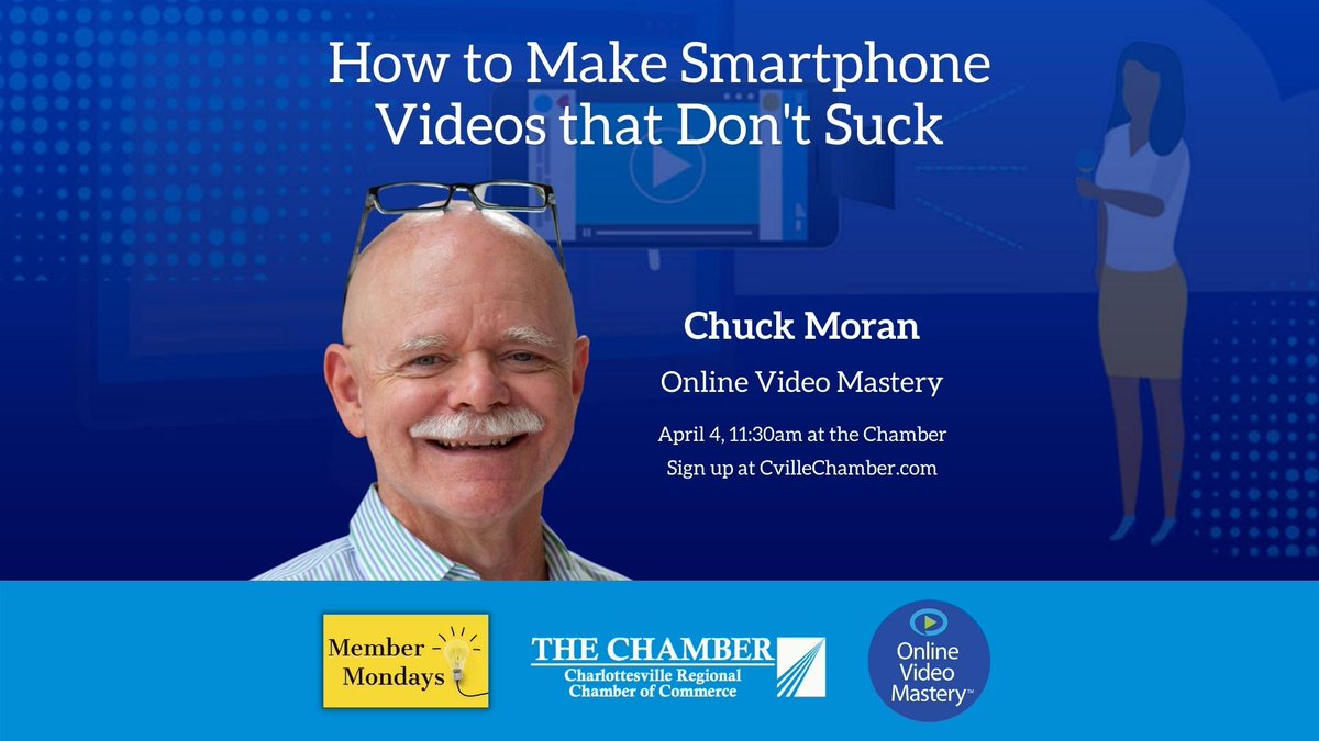 CvilleVAChamber's tweet photo. Are you taking advantage of the power of video? Join us at the Chamber April 4 and learn how to improve your smartphone videos with the 3 Ls: Lens, Light, and Listen.
Sign up: https://t.co/WkGBgPAdNm
@baldguystudio #learnvideo #charlottesville #cville #OnlineVideoMastery https://t.co/aVtZdgXDGH