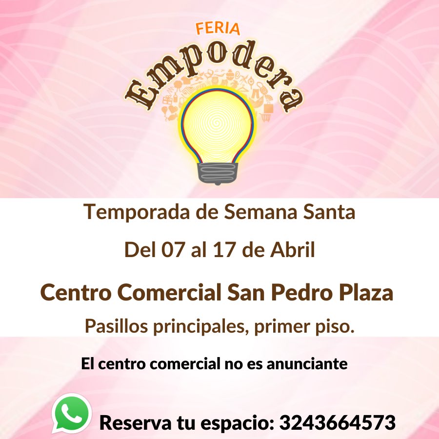 expomallco's tweet photo. 💗Amamos estar con ustedes! 
Es por eso que traemos una nueva oportunidad para ti. 

Participa en una nueva edición 🌈

📍Neiva-Huila
Centro comercial San Pedro Plaza. 

✨Reserva ya tú espacio y llega con nosotros al éxito! 

#emprender #amor #neivahuila #exito https://t.co/leCMF1PNhr