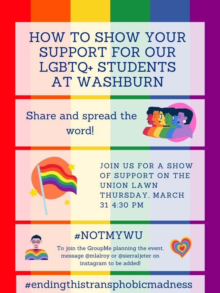 The Washburn University Department of Mass Media fully supports the LGBTQ+ community. Please join us on Thursday at 4:30 p.m. for a show of support on the Union lawn. #BeAnAlly #endingthistransphobicmadness