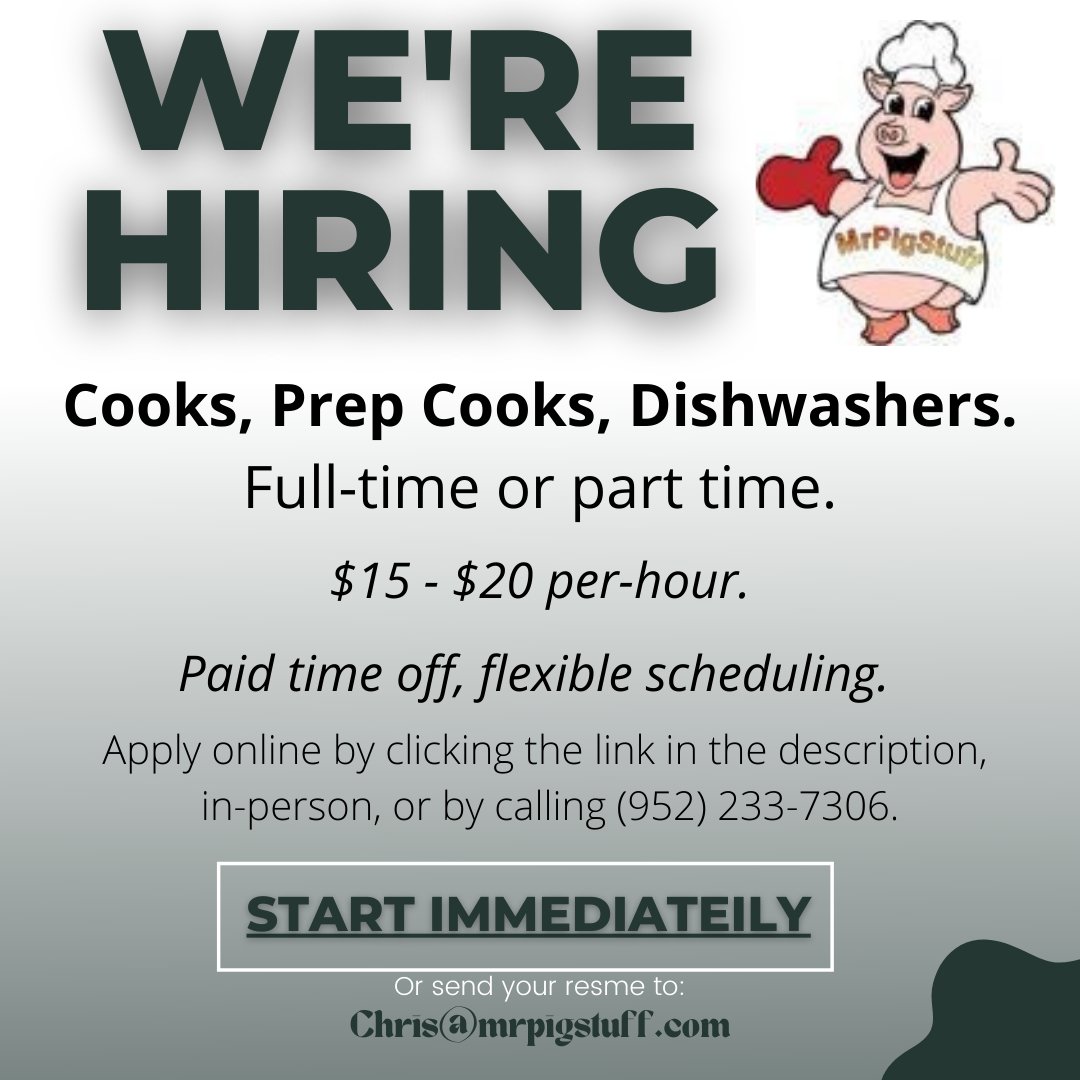 We're hiring for all positions!
Full and part-time positions available. Flexible scheduling!
Experience preferred but not necessary, we will happily train the right people.
Apply online: mrpigstuff.com/employment