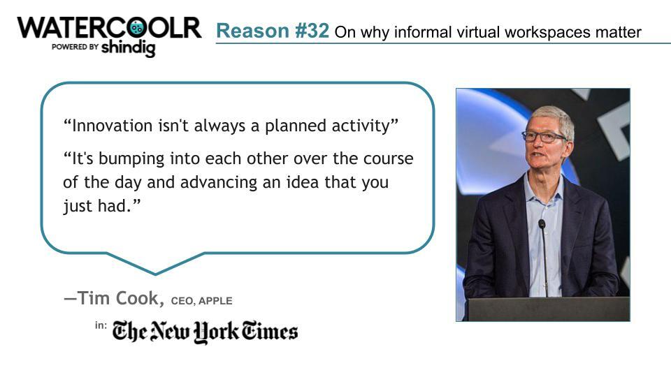 This quote is the core of what motivated us to build Watercoolr. 

Remote work is here to stay and organizations who want to remain competitive must adapt. 

For more information, to schedule a demo, or for a free trial, go to:
watercoolr.shindig.com

#remotework #hybridwork