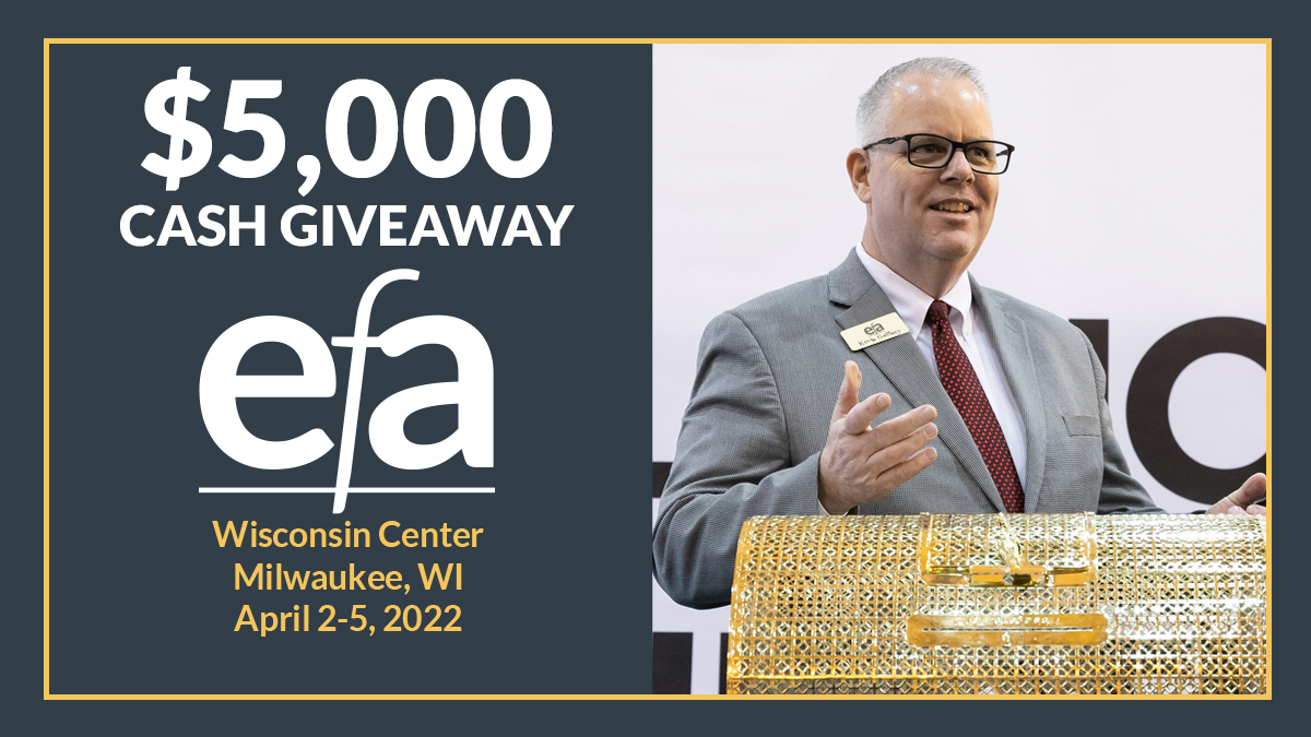 Don't miss the $5,000 Cash Giveaway at #EFAcon! 

Attendees: Get your game card stamped by each of our cash giveaway sponsors (<a href="/InproCorp/">Inpro</a>, Signature Flooring, Living Revolution, and Station Ten) to enter. Register for EFA with $25 off the Expo >> bit.ly/3tnETwH