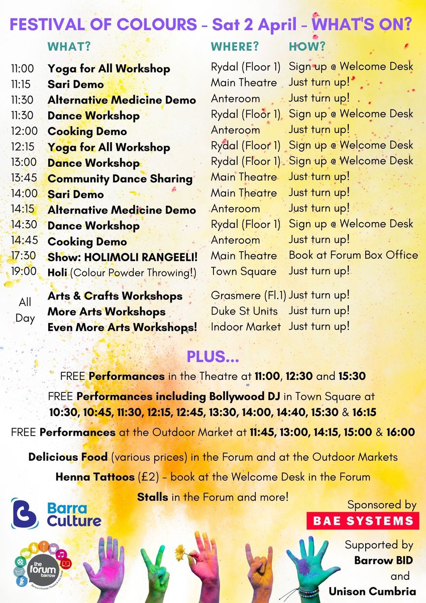 The forum Barrow (@theforumbarrow) on Twitter photo Festival of Colours is this Saturday (2 April) and here’s some more information to help you plan your day @BarraCulture <a href="/BarrowCouncil/">Barrow Borough Council</a> Festival of Colours is this Saturday (2 April) and here’s some more information to help you plan your day @BarraCulture <a href="/BarrowCouncil/">Barrow Borough Council</a>