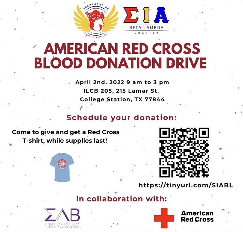 Join us &amp; <a href="/tamubetas/">TAMU Betas</a> as we host a blood drive with the American Red Cross!

Scan QR code/type url and select "Innovative Leaning Classroom Building” drive on April 2nd, 2022 to set up your appointment. Your donation can save up to 3 lives! ❤️💛💙
tinyurl.com/SIABL