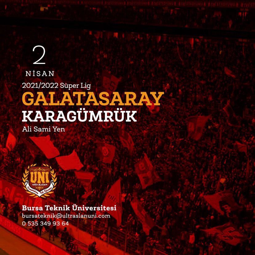 uAUNIBursaTek's tweet photo. HERKES GİDER BİZ KALIRIZ !

GALATASARAY'ımızı fatih karagümrük maçında Sami Yen'de yalnız bırakmıyoruz.
Organizasyona katılmak isteyenler iletişim numarasından bize ulaşabilir.
#ultrAslanUNI #MarmaraBölge https://t.co/rtItVanB5h