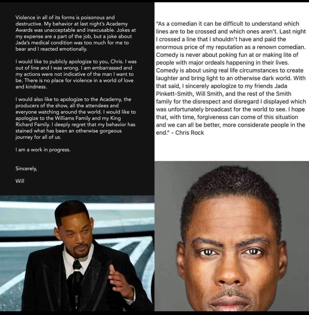 Palsi21's tweet photo. Now that's what I call Maturity & Humanity..Bravo to both of them.. ๐๐ #chrisrockwillsmith #WillSmithapology They made mistakes , they admitted n apologised.... #MaturedMen https://t.co/9zINvLVLiM