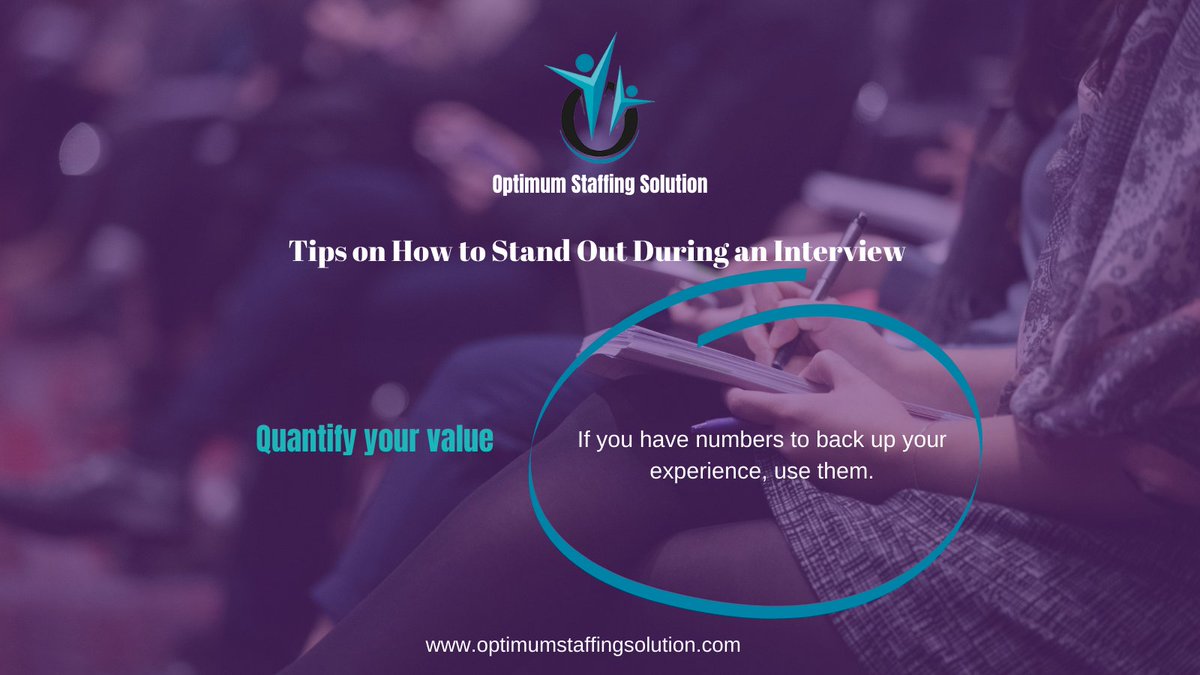 First impression lasts. Here are some tips to stand out during your interview.... 

Follow us on our Official Pages : 

Website : https://t.co/r6m3XuaBz7
Facebook Page : https://t.co/Ny7snyH0Vd
LinkedIn: https://t.co/MOfbyJUgc3
Instagram: @Optimumstaffingsol

#interviewtips https://t.co/RN35CPMEyt