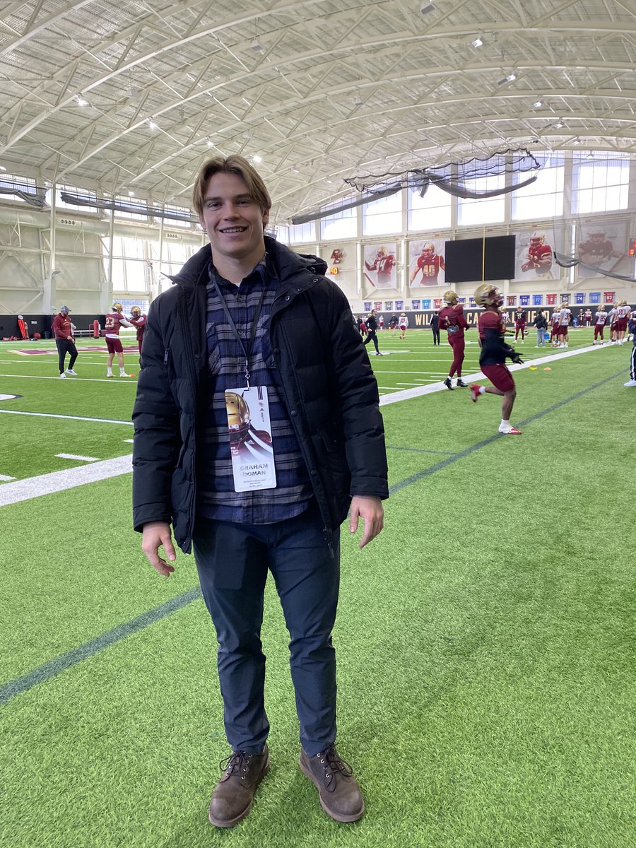 DomanGraham's tweet photo. Thank you @CoachThurin and @BCFootball for having me at practice yesterday. It was great to see the beautiful Boston College campus and the indoor field house! #GoEagles https://t.co/W5oXYcXCZi