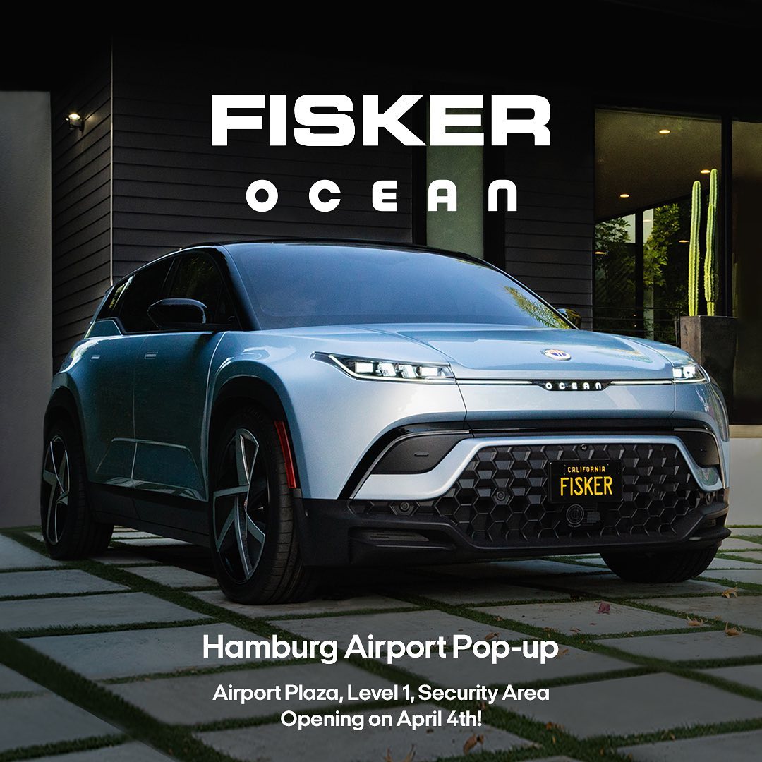 FiskerInc's tweet photo. On our next stop, the #FiskerOcean has officially arrived in Hamburg! Come check out our next  #Fisker pop-up at The Hamburg Airport opening on April 4th. Where should the #FiskerOcean pop-up next? #eurotour https://t.co/K8WNeSxWt1