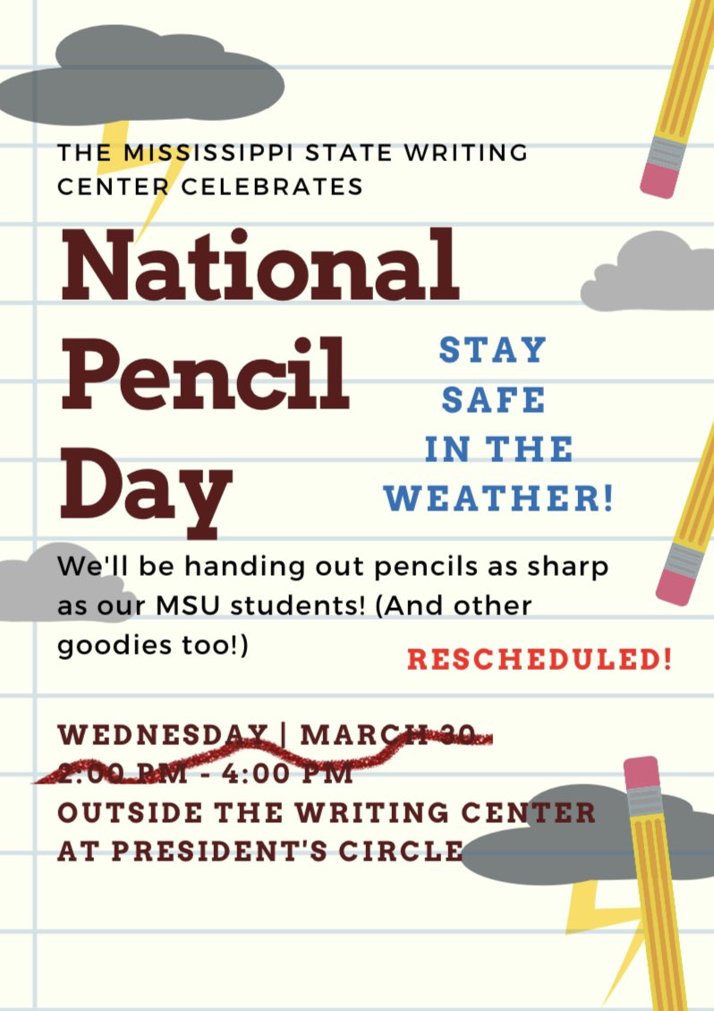 Due to the weather, our fun Pencil Day Booth is postponed! Stay tuned for the new date and time! 

Stay safe in the weather, writers! We still have online sessions today, and would still love to help you with your writing on this stormy Wednesday! Have a safe day, Bulldogs!