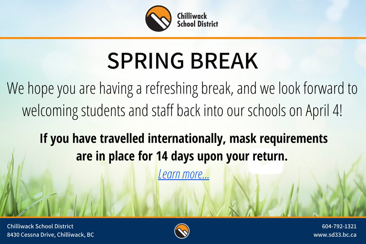 Enjoy the rest of your break, and be sure to check requirements if you have travelled internationally. travel.gc.ca/travel-covid/t… #sd33learns #HumanSocialsd33