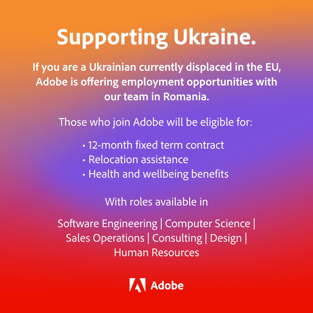 AdobeCareers's tweet photo. If you are a Ukrainian currently displaced in the EU, Adobe is offering employment opportunities with our team in Romania. To learn more about opportunities you can apply to, visit: https://t.co/NGm8BVyPUe https://t.co/4RJgrr4eWW