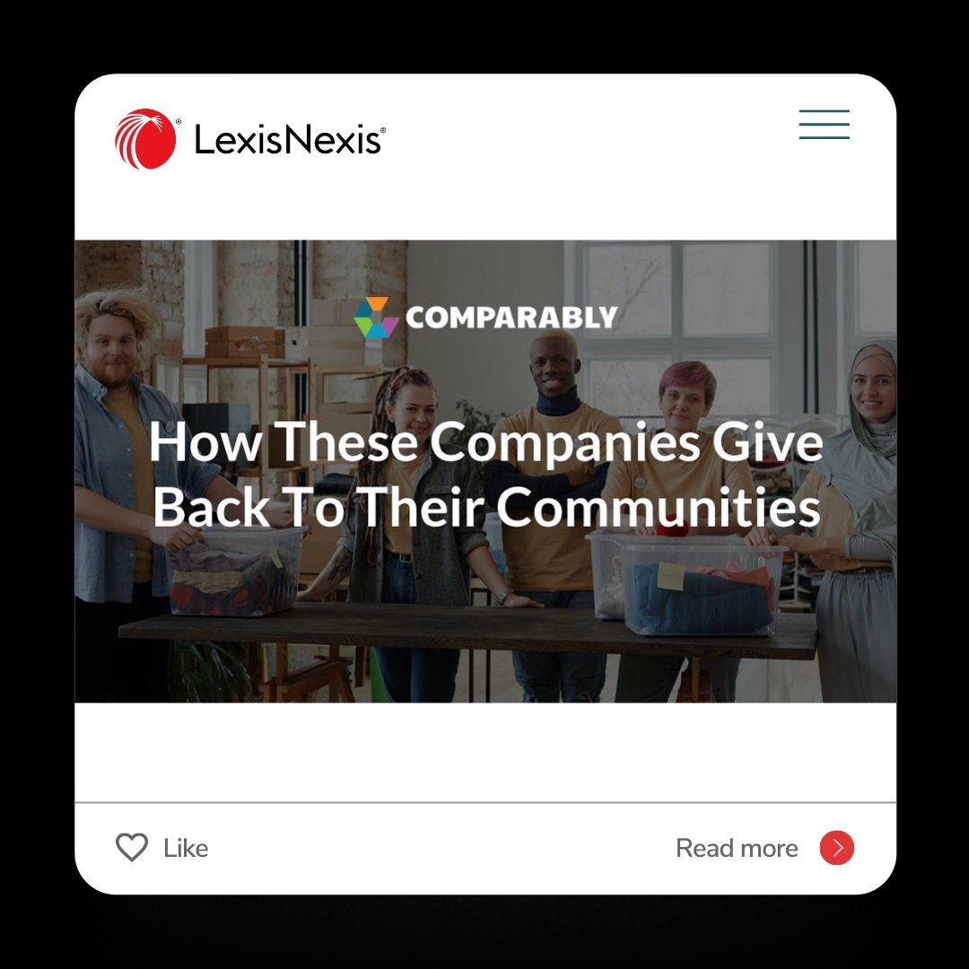 LexisNexis's tweet photo. At LexisNexis we are deeply committed to giving back to the communities that we serve. To learn about our community efforts read the below article from @Comparably  : https://t.co/QidtbJhJzk #LNLife #LexisNexis https://t.co/ICyFjE7KOi