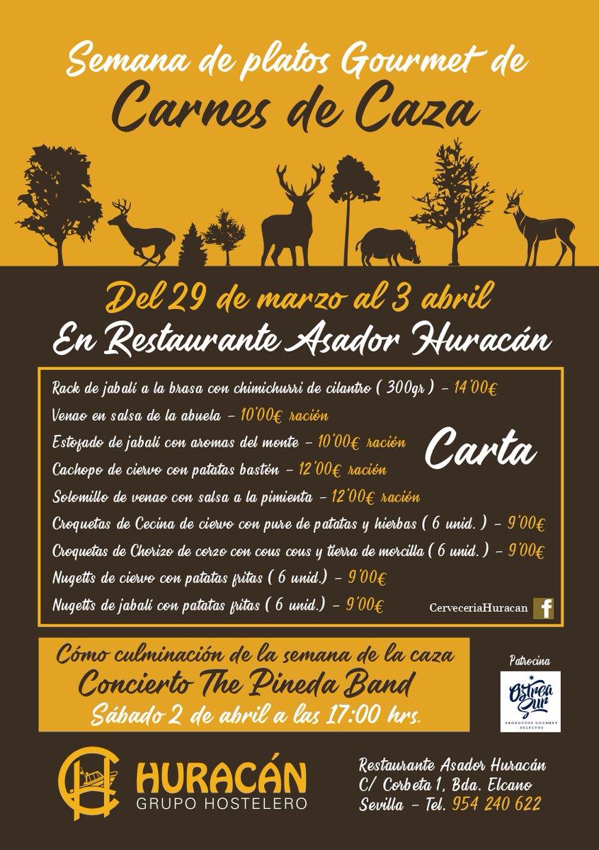 HuracanSev's tweet photo. 👉 Semana de platos gourmet: Carnes de CAZA en Asador Huracán 👈
🔝 Jabalí, venao, ciervo... Disponible hasta el 3 de Abril y con conciertazo este sábado.  
📍#Huracán. Reservas disponibles ☎️📲 vía redes y teléfono en #Bermejales y #ElCano. https://t.co/WHQnWPLq7Y