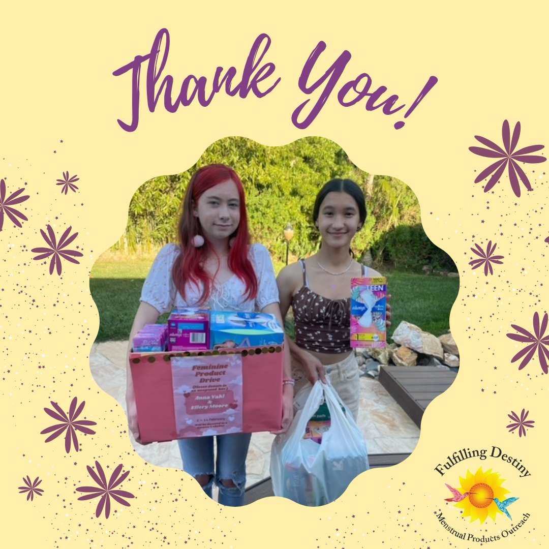 PeriodWDignity's tweet photo. Good morning from Fulfilling Destiny! Today we are thanking these two lovely young ladies, Ellery and Anna, for collecting donations for their community service project. Thank you, Ellery and Anna! We are so inspired by your efforts to make a change at such a young age. https://t.co/Hpc9F67u6M
