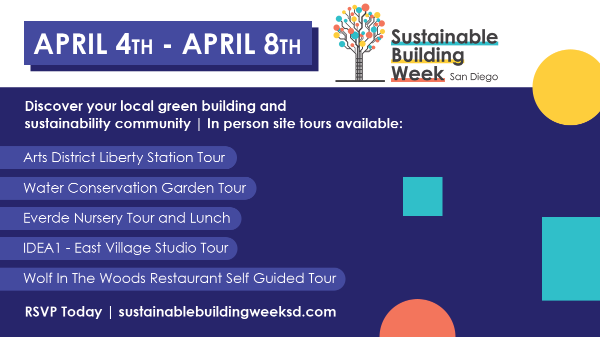 SD Green Building Council (@sd_gbc) on Twitter photo Sustainable Building Week SD starts next Monday and we have 5 unique tour opportunities: the Arts District at Liberty Station with <a href="/obrarchitecture/">christopher bittner</a>, IDEA1 in East Village, <a href="/wcgarden/">Water Conservation Garden</a>, <a href="/everdegrowers/">Everde Growers</a> and Wolf In The Woods
<a href="/SBWSanDiego/">Sustainable Building Week San Diego</a>
Register here: bit.ly/SBW-SD Sustainable Building Week SD starts next Monday and we have 5 unique tour opportunities: the Arts District at Liberty Station with <a href="/obrarchitecture/">christopher bittner</a>, IDEA1 in East Village, <a href="/wcgarden/">Water Conservation Garden</a>, <a href="/everdegrowers/">Everde Growers</a> and Wolf In The Woods
<a href="/SBWSanDiego/">Sustainable Building Week San Diego</a>
Register here: bit.ly/SBW-SD