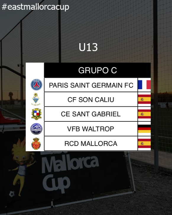 Grupos #eastmallorcacup 2022

Categoría U13 Grupo C (Artà):
<a href="/PSG_inside/">Paris Saint-Germain</a> 
<a href="/soncaliucf/">Cfsoncaliu</a> 
<a href="/cesantgabriel/">CE Sant Gabriel</a> 
VfB Waltrop Jugendfussball
<a href="/RCD_Mallorca/">RCD Mallorca</a> 

1️⃣4️⃣days to go!⚡⚡

eastmallorcacup.com

#mallorca #fútbolbase #fútbolformatiu #youthfootball