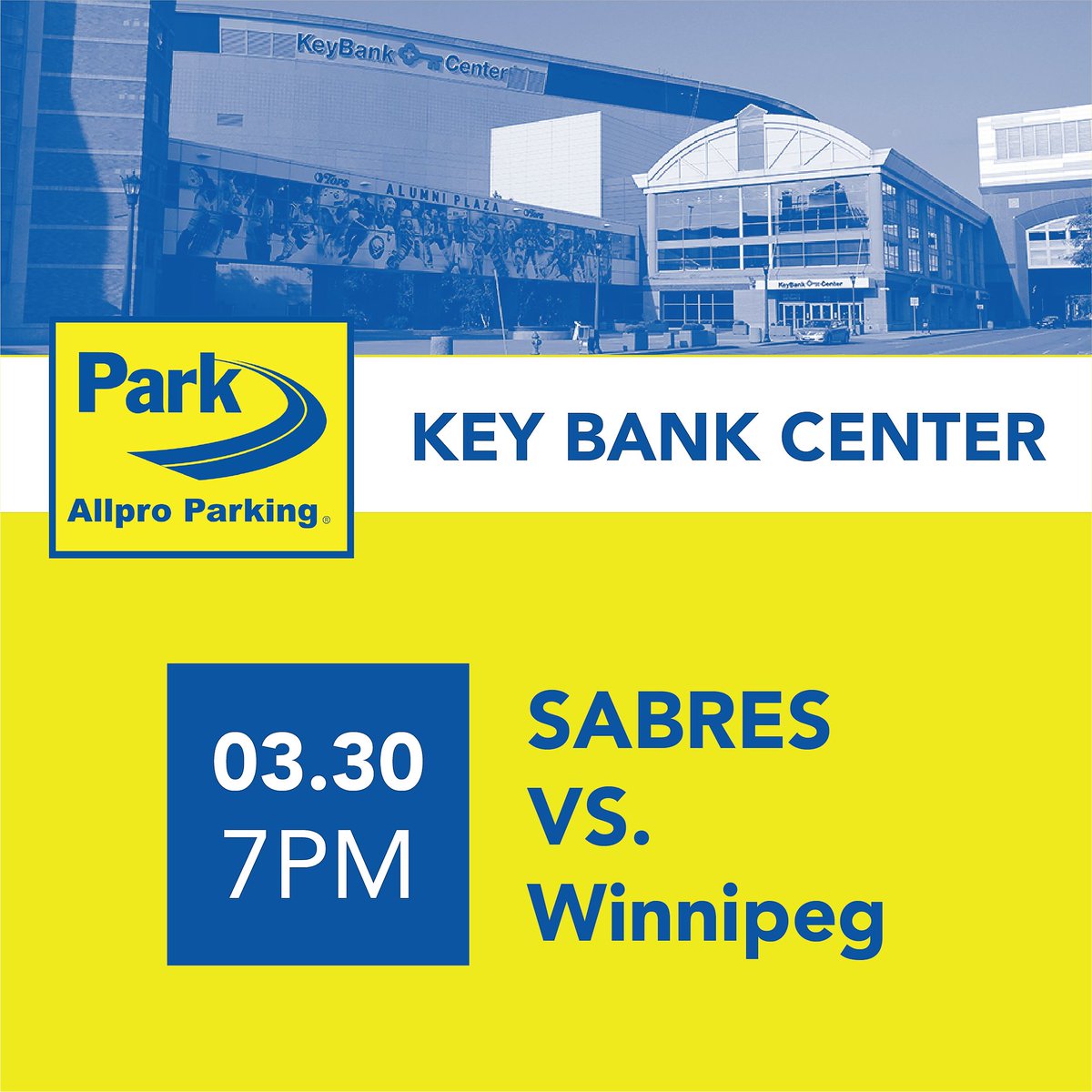 AllproParking's tweet photo. The Buffalo Sabres take on Winnipeg at 7 p.m. tonight at Key Bank Center! Need parking? Check out our nearby lots: https://t.co/oHCo6JHfqc🏒⚔️ https://t.co/6eguS164Lg
