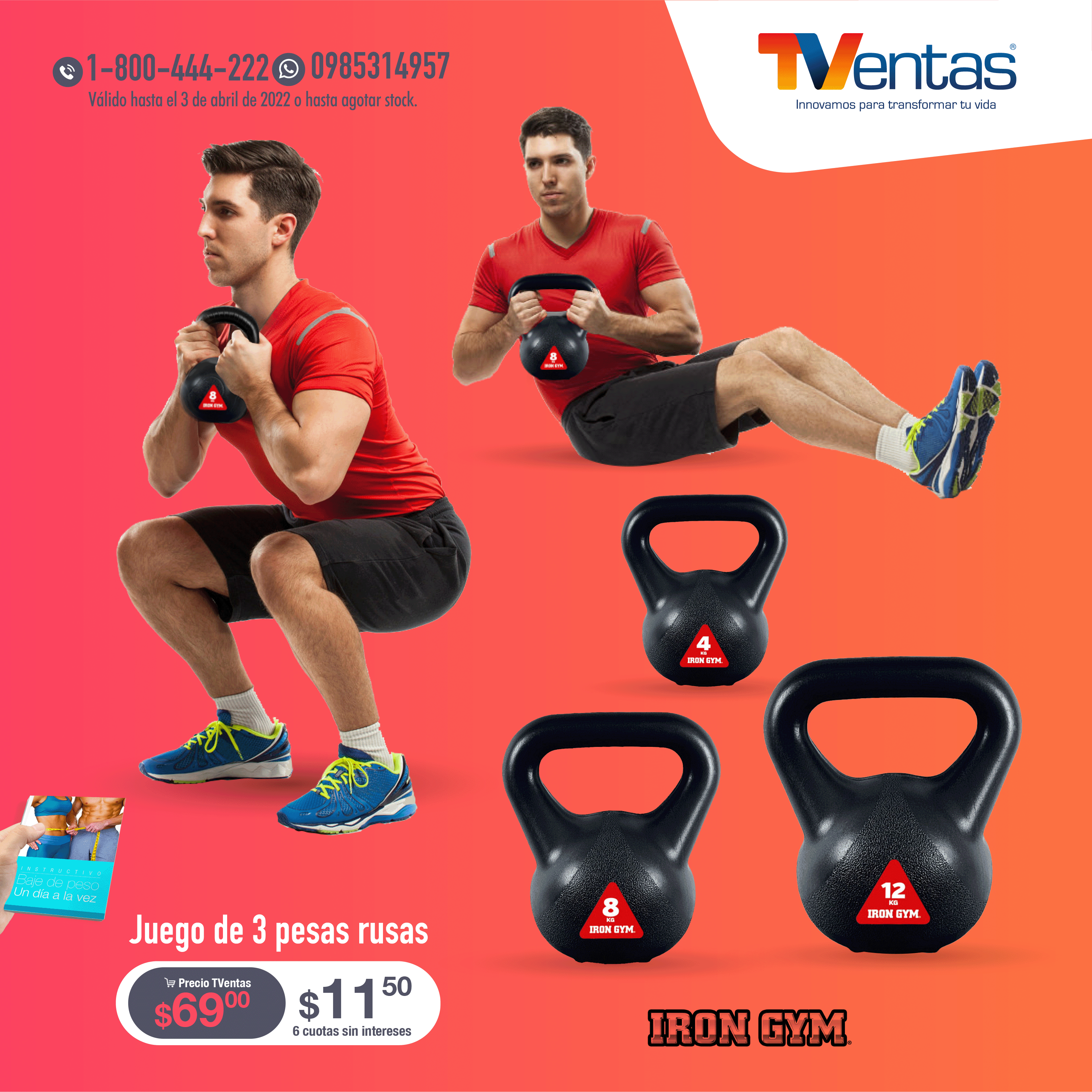 Set De 3 Pesas Rusas 4 Kg + 6 Kg + 8 Kg Kettlebell