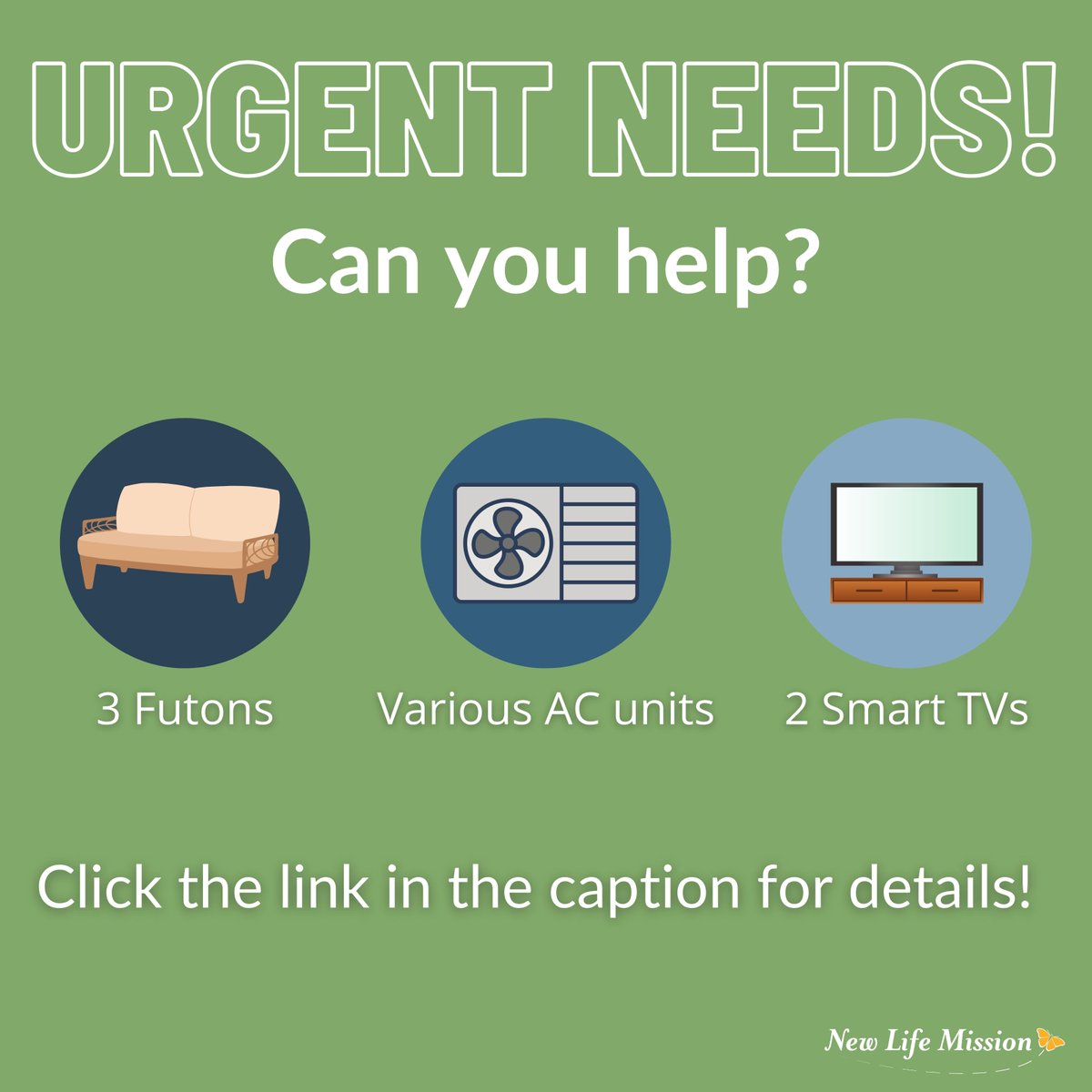 Urgent needs! Can you help?
We are urgently looking for some small and large AC units, futons, and Smart TVs!

Visit our homepage or the link below for details!
loom.ly/Tjml3G0