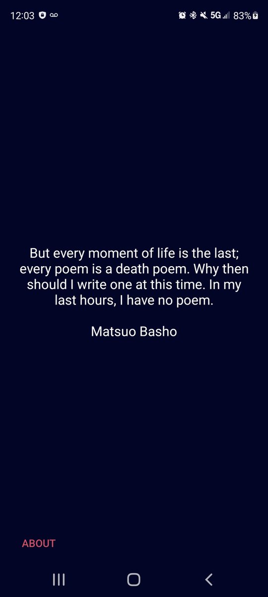 DaviDNAlexander's tweet photo. But every moment of life is the last; every poem is a #deathpoem. Why then should I write one at this time. In my last hours, I have no #poem.

Matsuo Basho

#WeCroak https://t.co/OyQA6CKdMY