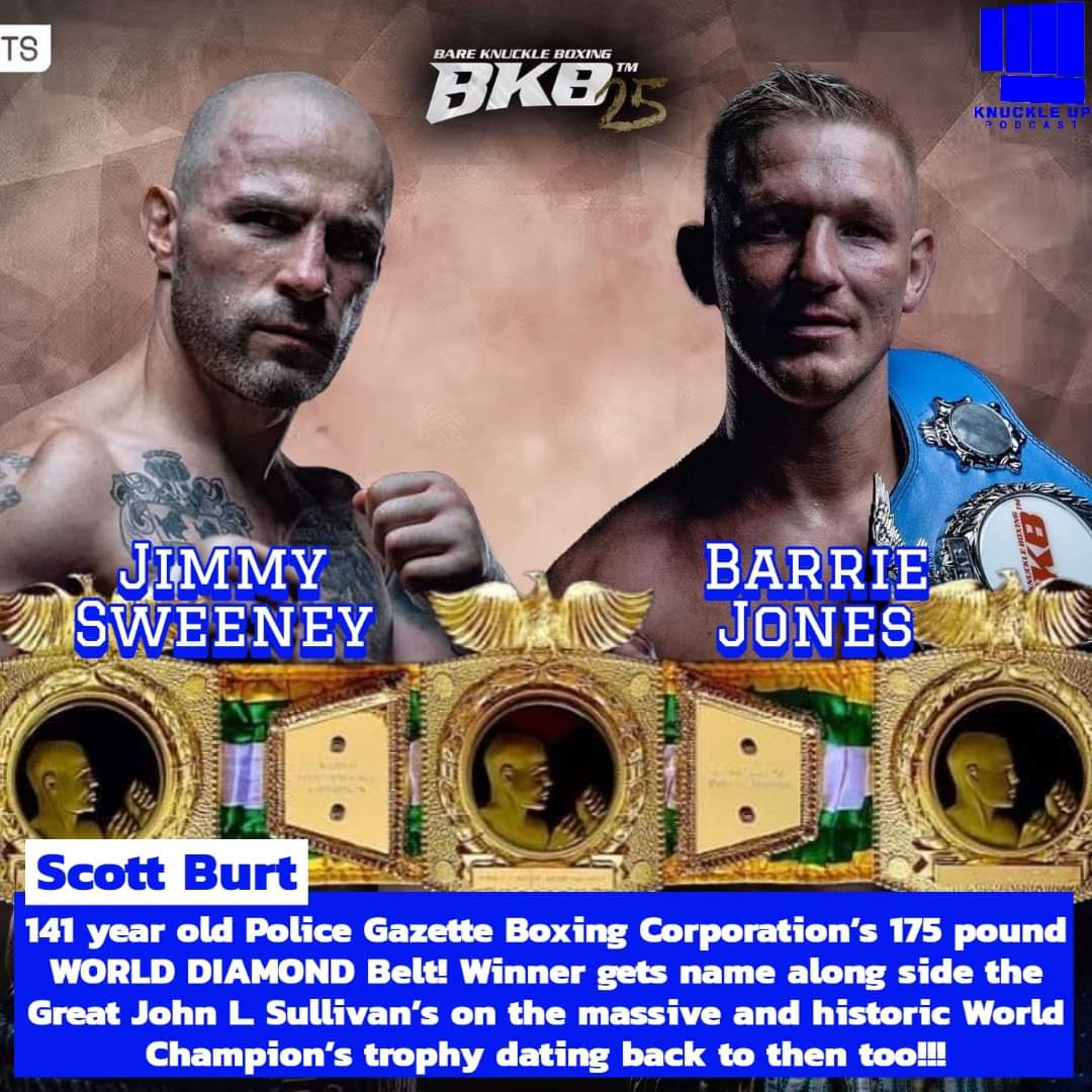 KnuckleUpMedia's tweet photo. The 175 pound Police Gazette Diamond Belt is on the line for @bkb_official1 fighters Jimmy Sweeney (15-2 sanctioned 13-0 unsanctioned) looks to take on the Barrie Jones (6-0). Some are touting this as the two best Bare Knuckle fighters on earth clashing. How does this fight play? https://t.co/QiXbuw6zNl