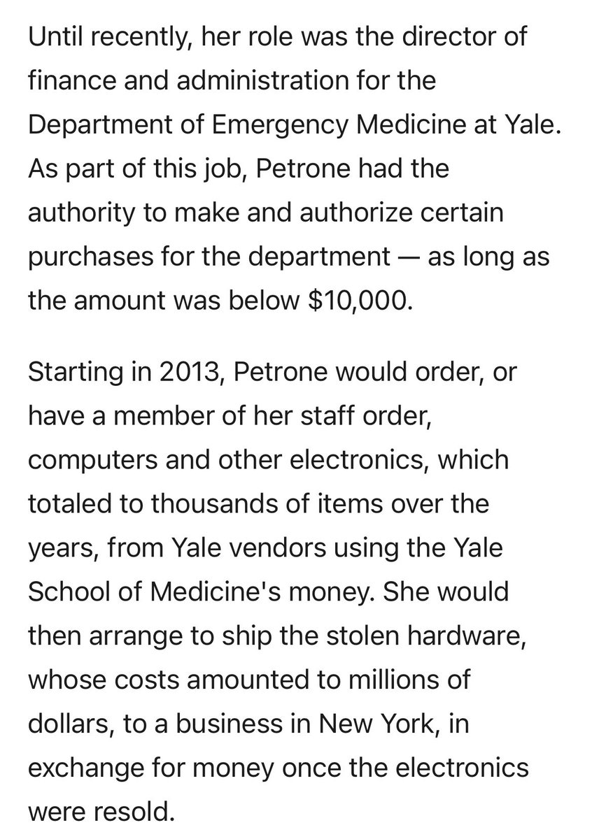 Austen's tweet photo. Wild that you can go a full decade at Yale ordering and selling an average $4 million/year in electronics before anyone starts to notice.

Say an iPad costs $2,000 on average.

We’re talking the equivalent of 2,000 iPads/yr for ten years. https://t.co/RZaVEN1Q0A