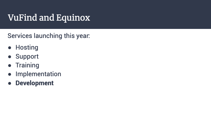 EquinoxOLI's tweet photo. What we are up to w/ #VuFind is the same host of services we offer for Evergreen &amp; Koha: training, implementation, hosting, support and development. #equinoxEDU #oss #FOSS #discoverylayer https://t.co/U6ooqXT7aO