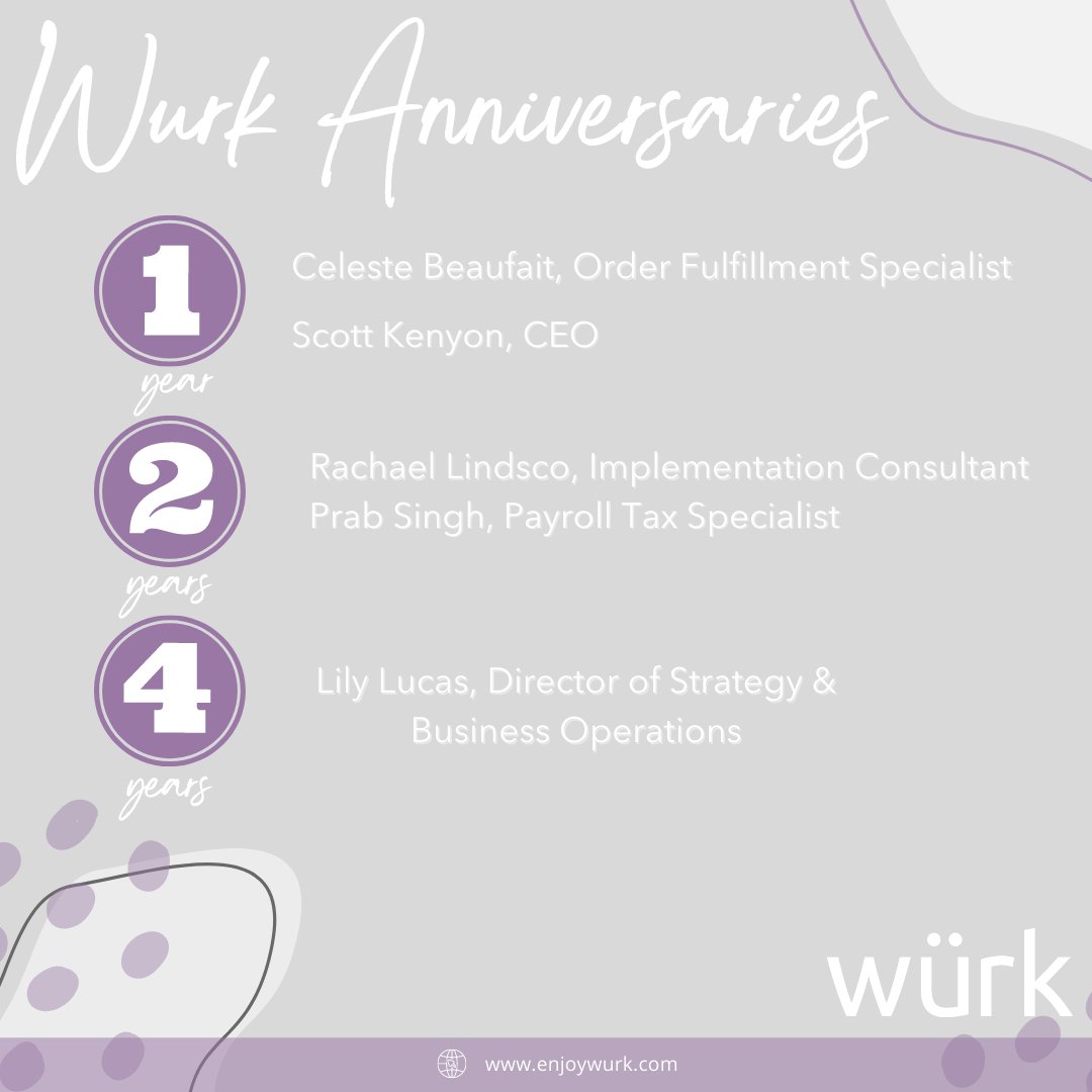 We are celebrating 5 incredible people this month! Congratulations to: Celeste Beaufait, Scott Kenyon, Prab Singh, Rachael Lindsco, & Lily Lucas. Your dedication to our Wurk Family is appreciated and we are proud to celebrate you!