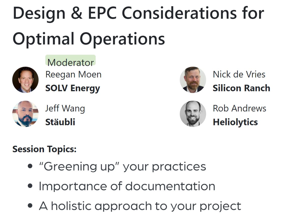 heliolytics's tweet photo. Join us at the Design &amp; EPC Considerations for Optimal Operations panel session on April 7 at 11:15 AM PST. Our CEO, @HelioRobA, along with experts from @SiliconRanchCo, #Stäubli, and @SOLVenergyteam, will discuss and share best practices for holistic, long-term O&amp;M planning. https://t.co/rHBXXm7Yp3
